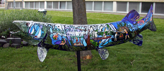 This muskie by Irene McCuaig depicts images of childhood in Kenora