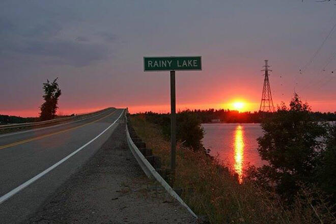 Sun setting over Rainy Lake at the Noden Causeway