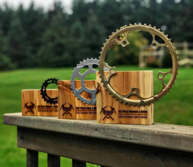 Trophies made of wooden blocks and bicycle sprockets.
