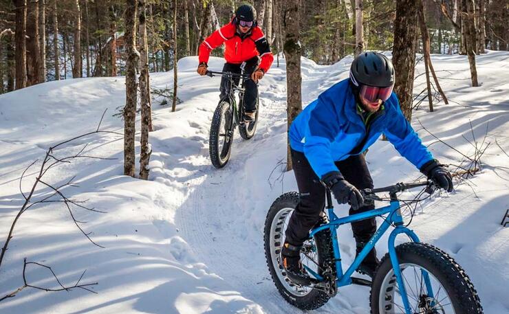 Two fat bikers riding on a snow covered trail in a forest.