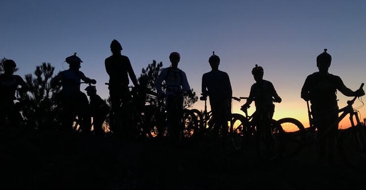 Line of cyclists looking at purple sky at sunset.