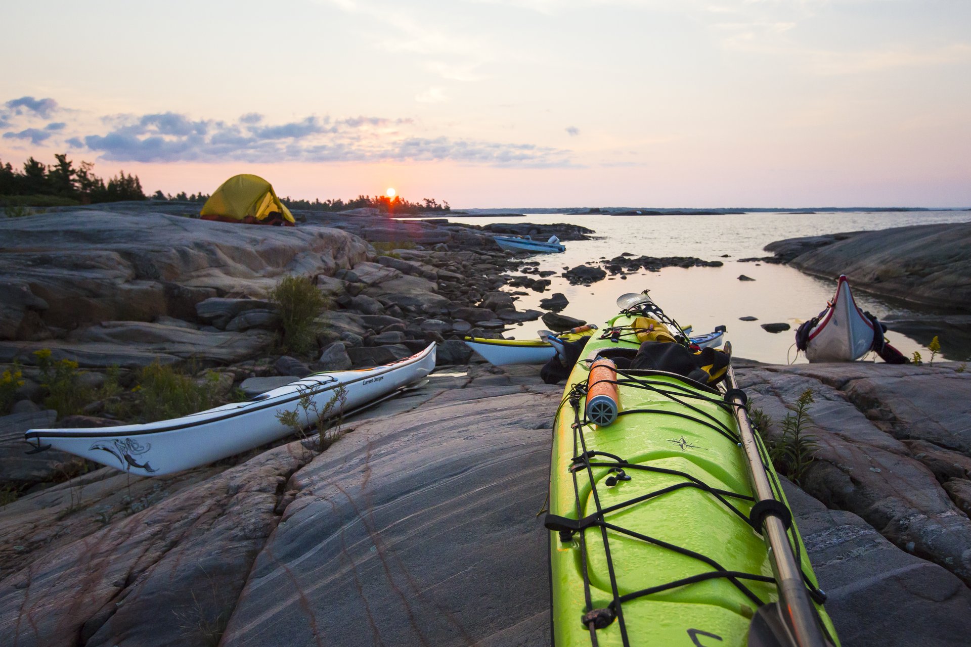 a sea kayaking campsite near sunset on Georgian Bay