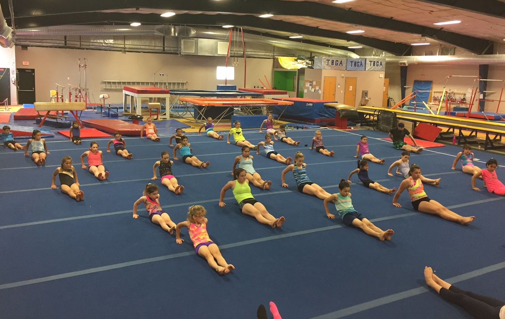 a high shot of several rows of kids doing synchronized warm-up stretches with their coaches in a gym filled with gymnastics mats and equipment.