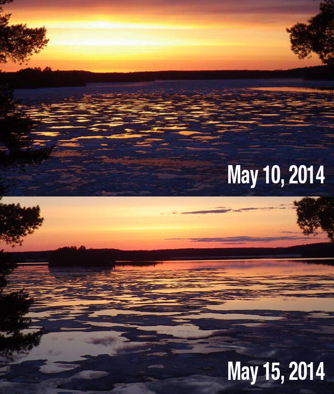 5 day difference on the ice conditions on Wabaskang Lake at Sleepy Dog Cabins