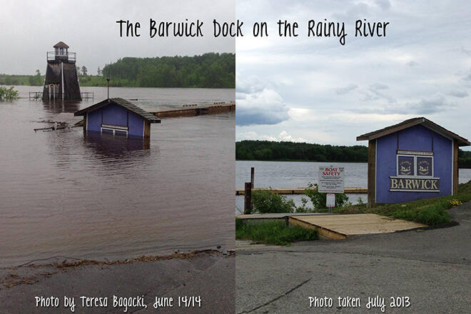 You can see just how high the water rose above normal on the Rainy River in Barwick