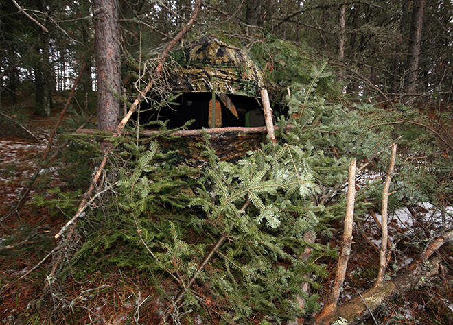 A ground blind should have natural branches and cover around it to help conceal it from deer. Also, notice the shooting rail in front of the window to help aid steady shots.