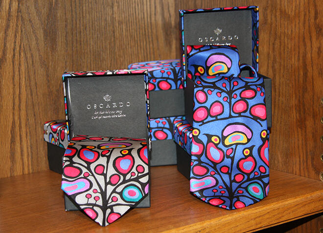 Woodland Art on ties at the Red Lake Regional Heritage Centre