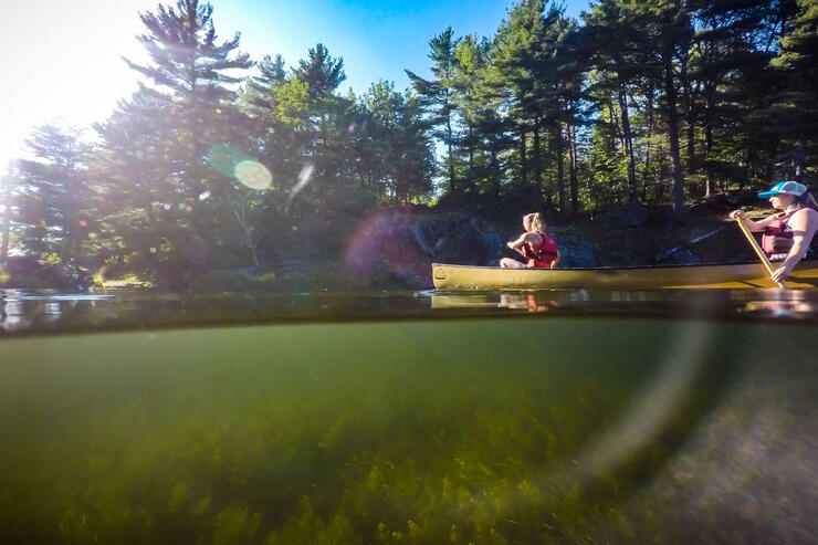 Image shows underwater view as well as two people paddling a yellow canoe on a lake.