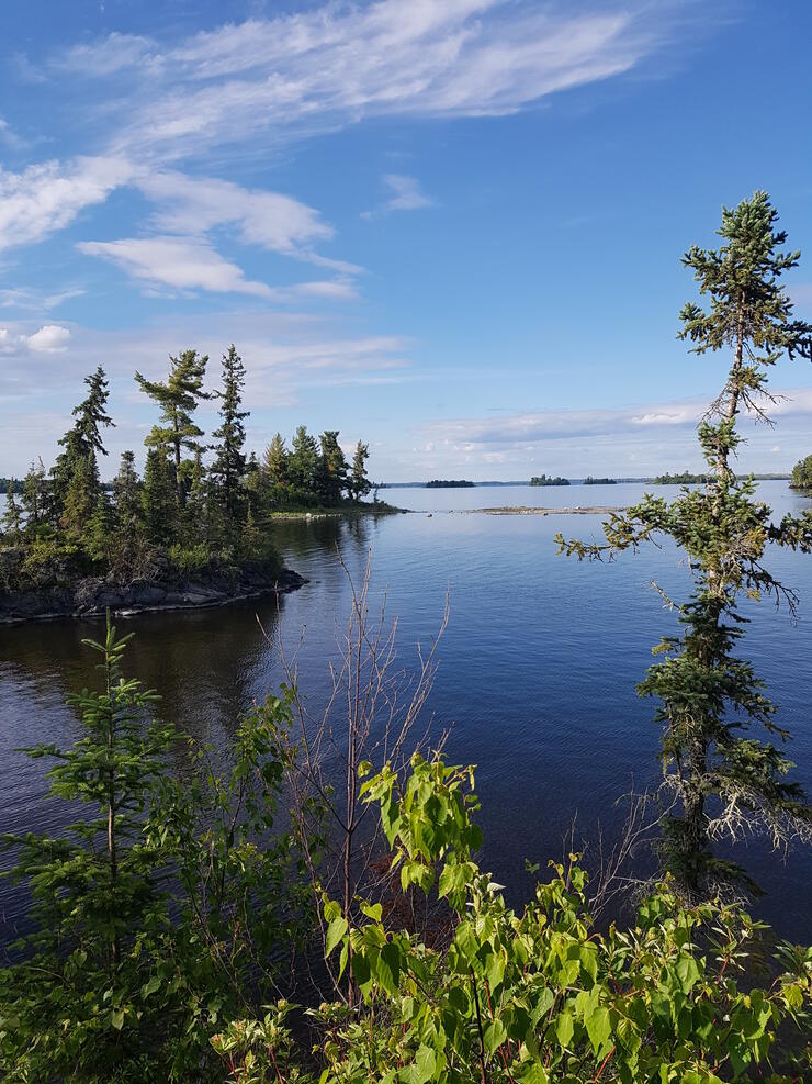 Pristine lake with small islands with trees.