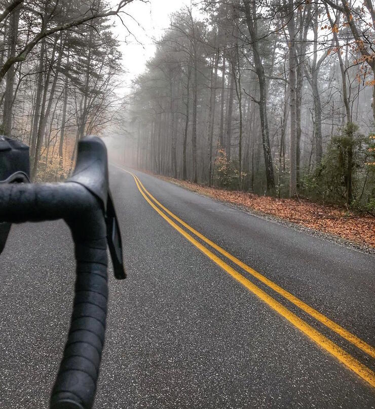 Handle bar of bicycle travelling down a paved road in foggy forest.