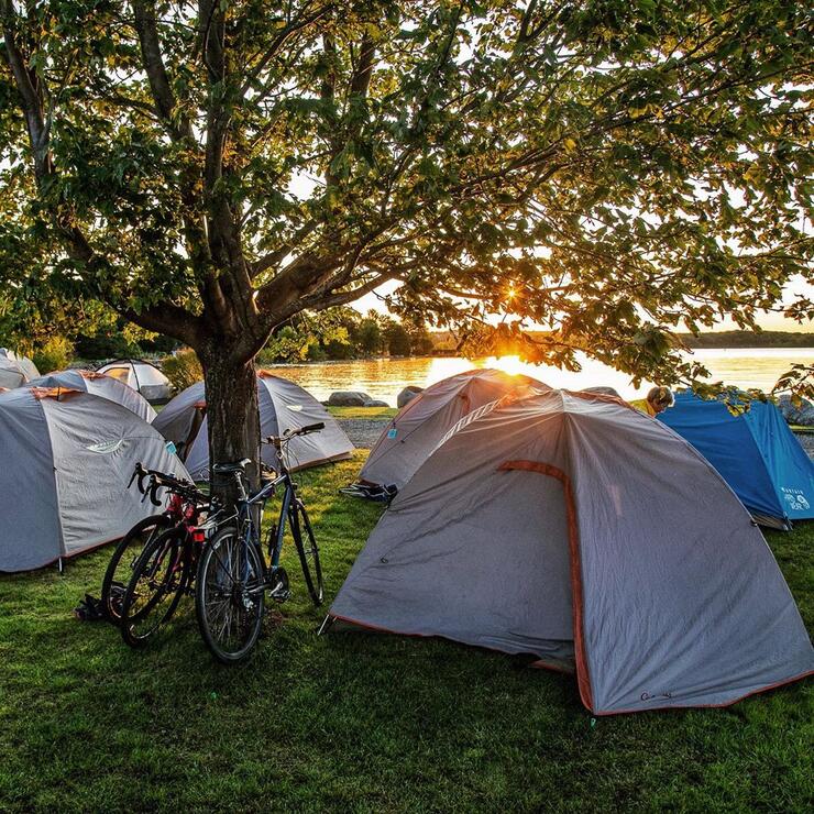 A couple of dome tents with bicycles parked beside them.