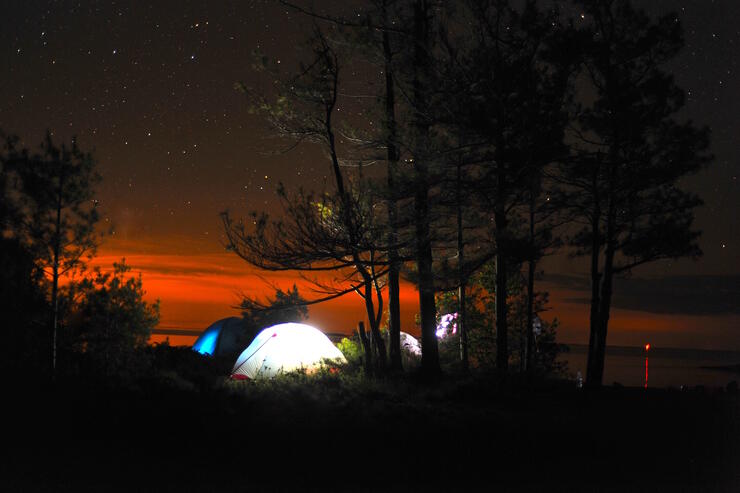 Backlit tent at sunset, nestled under some trees. 