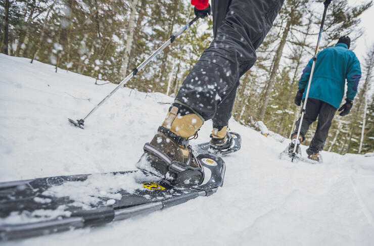 Close of of man wearing a modern snowshoe on forest trail