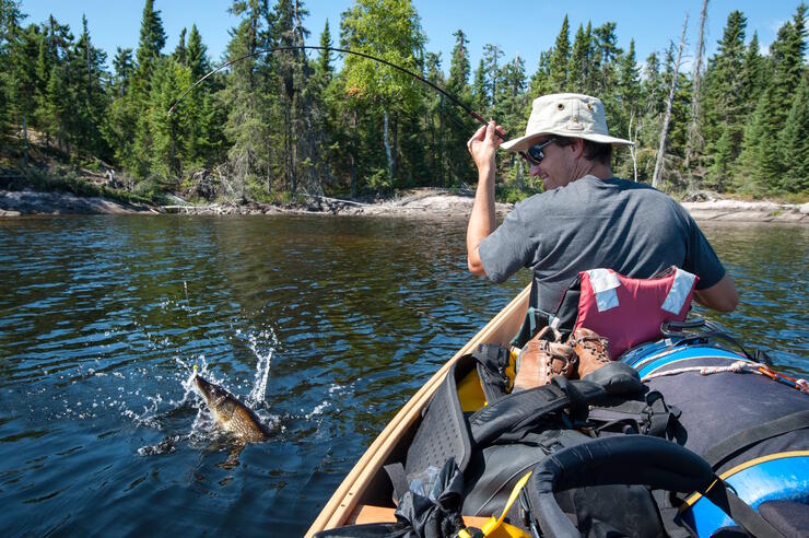 Man in canoe fishing 