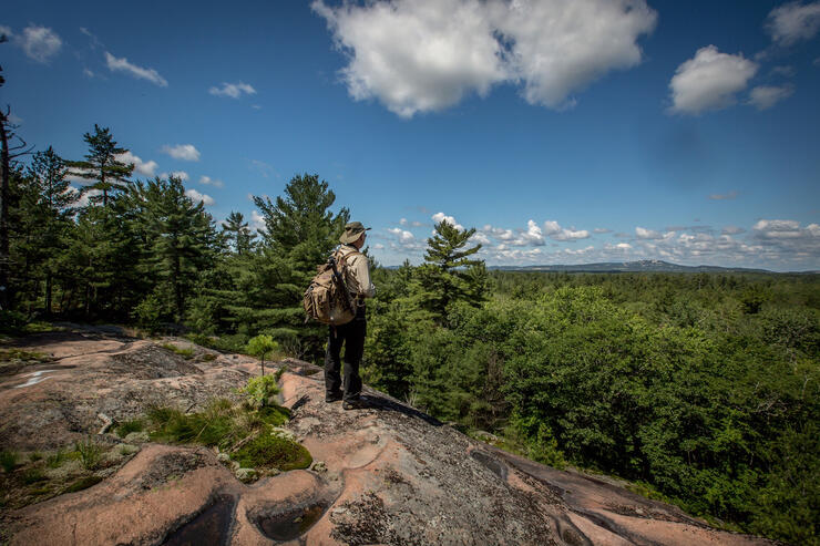 Man with a backpack standing on a rock outcropping in a forest.