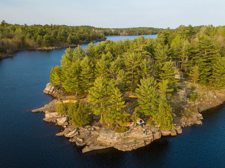 Aerial view of campsite on island