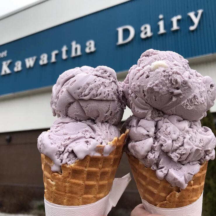 Two double scooped ice cream cones.