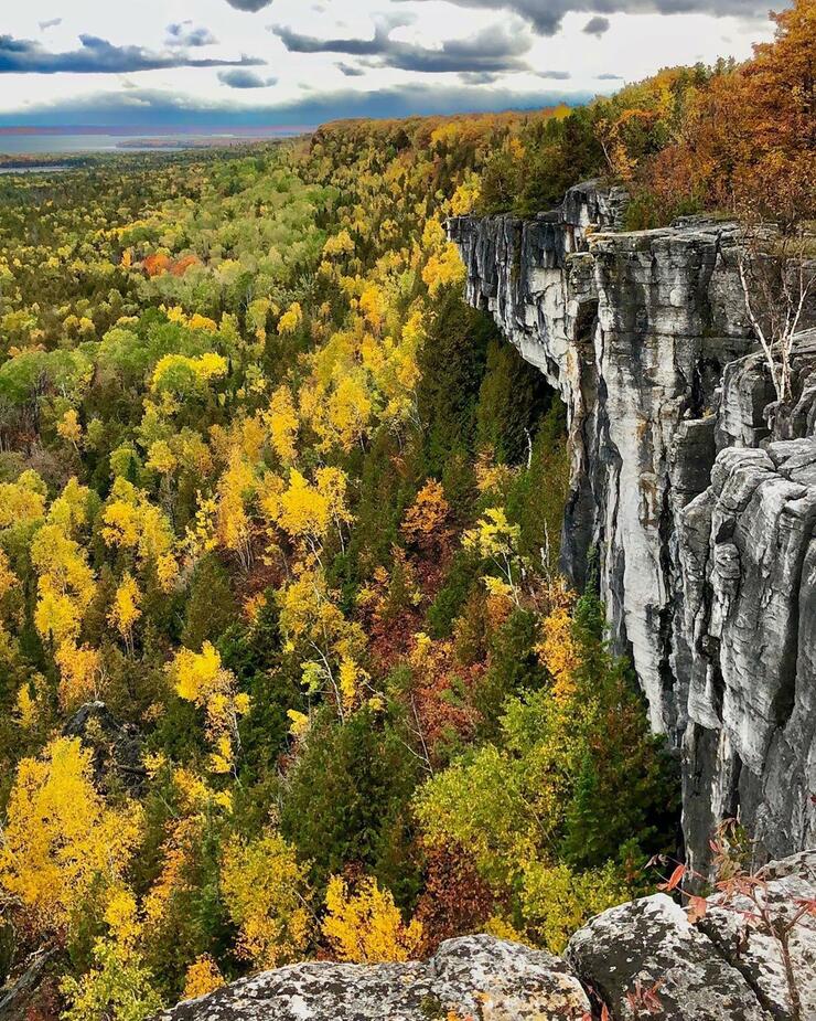 Beautiful view of rock escarpment in fall from top of Cup and Saucer trail.