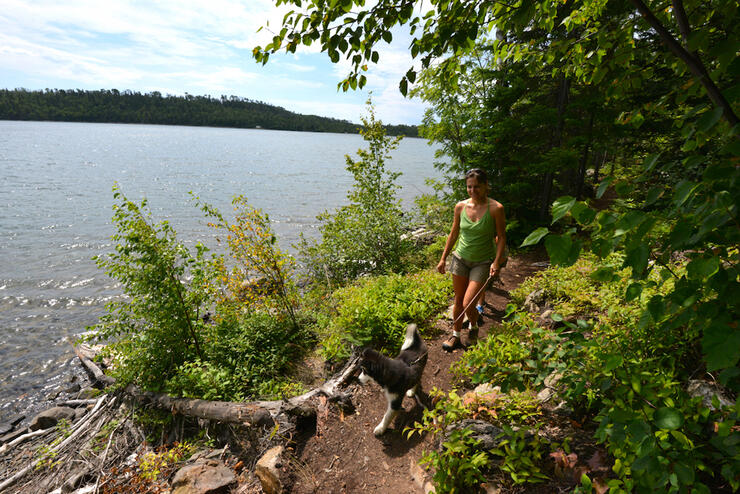 Woman walking a husky puppy along lake