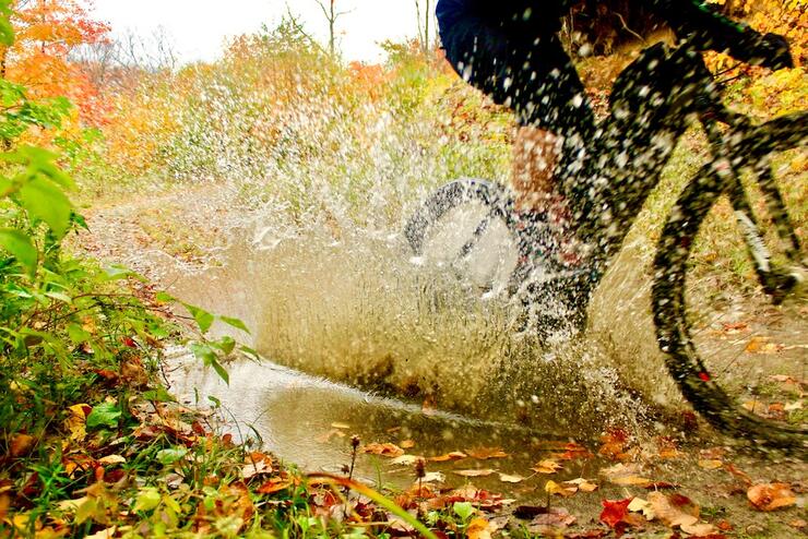 Person biking through puddle with fall colours in background