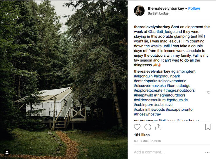Instagram post of raised platform prospector tent 