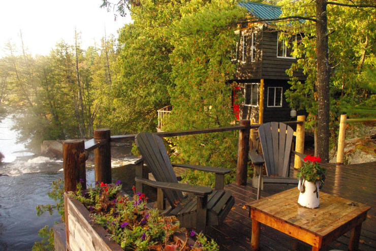 View of waterfalls from deck of Cabin Falls ecolodge.