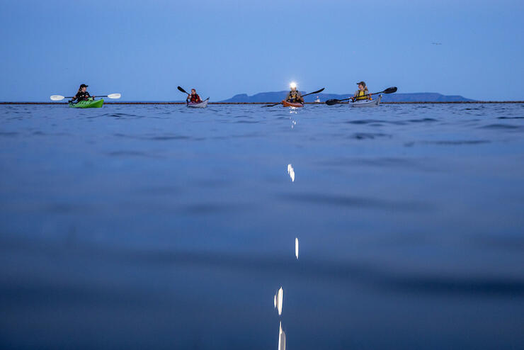 Kayakers with headlamps on the water