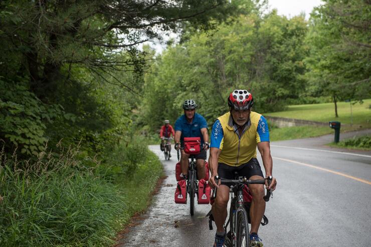 Cyclists riding on paved shoulder of road lined with green trees.