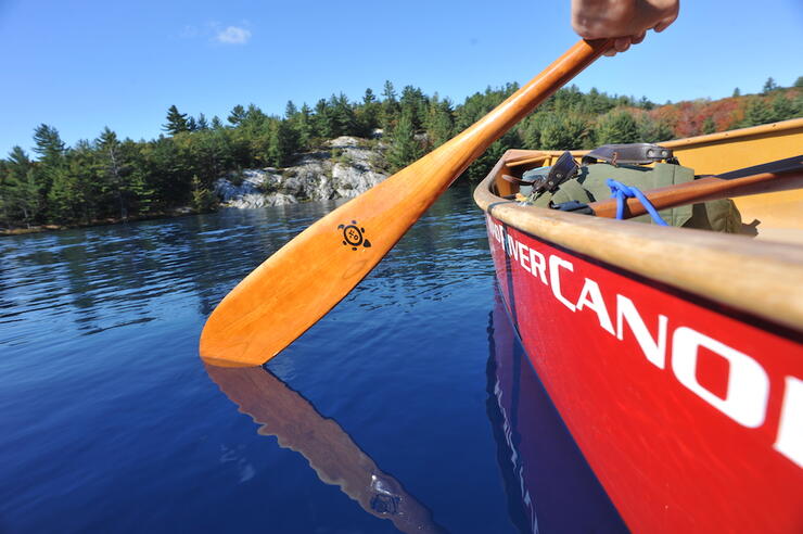 Canoe paddle being dipped in the water next to red canoe