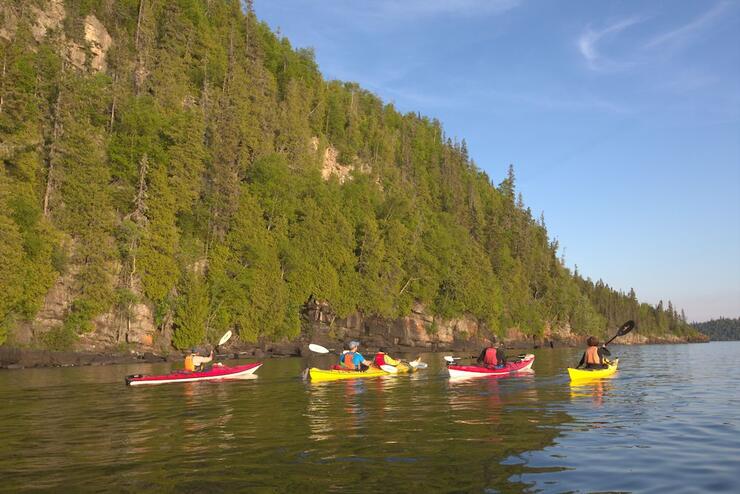 Five people sea kayaking beside hill