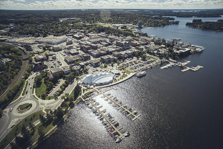 Aerial view of  Kenora's gorgeous waterfront