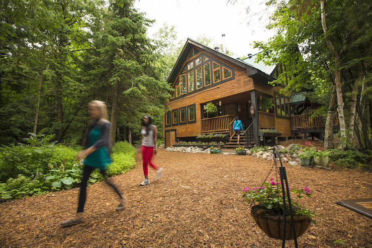 Beautiful ecoluxe log cabin surrounded by trees