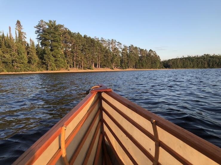 Bow of canoe pointing at beach with pines on it