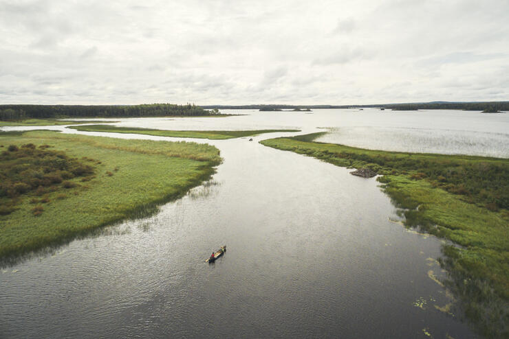 Canoe paddling on winding river.