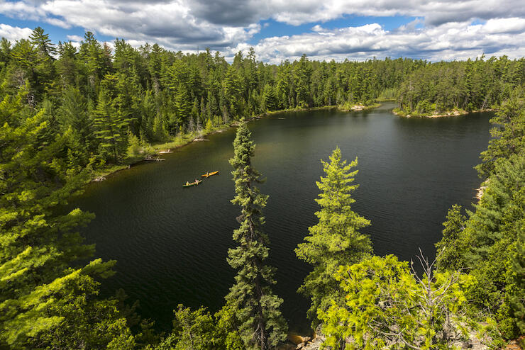 Canoes on lake surrounded by evergreen trees.