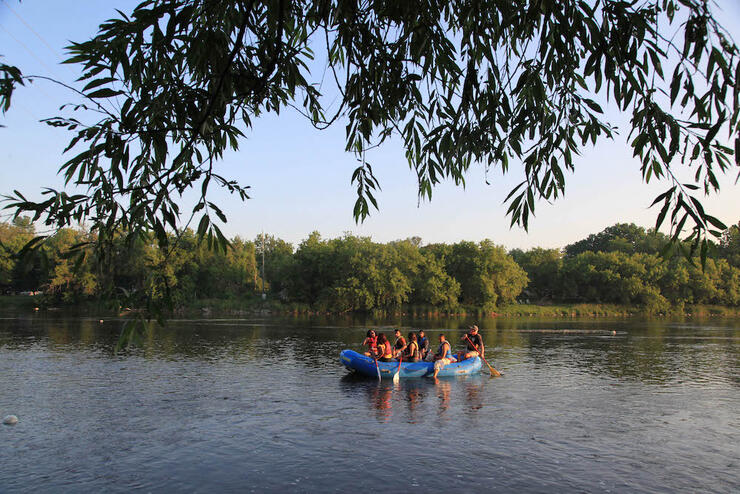 Blue raft on calm water
