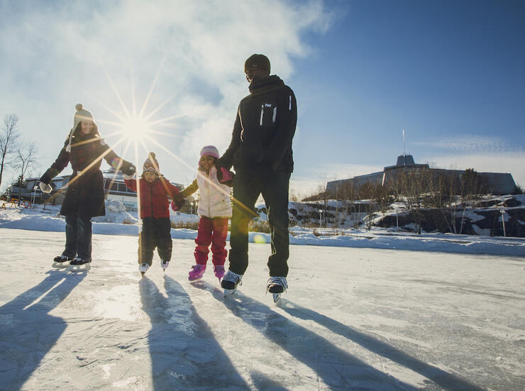 Two adults skating on frozen lake with two small kids.