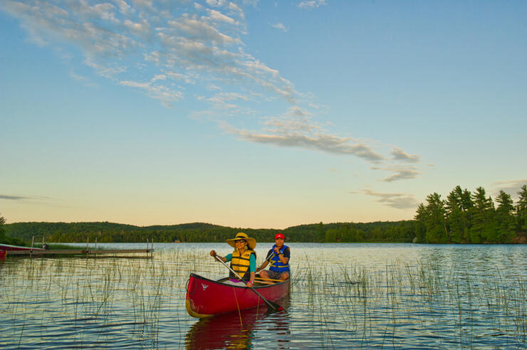 Couple paddling a red canoe on calm lake. 