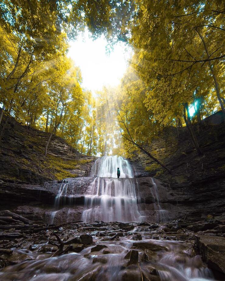 Person standing on a level of a waterfall