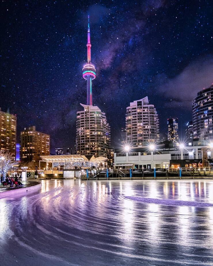 Outdoor skating at night at Toronto's waterfront. 